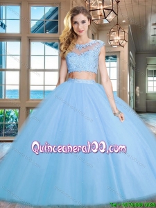 Exclusive See Through Scoop Light Blue Quinceanera Dress in Tulle