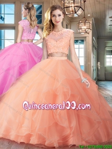Exquisite Zipper Up Ruffled and Applique Quinceanera Dress with Brush Train