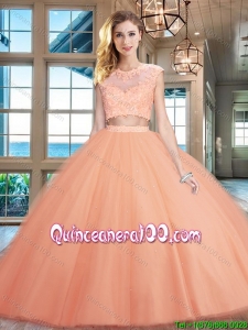 Gorgeous Two Piece Puffy Skirt Applique Tulle Quinceanera Dress in Peach