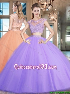 Luxurious Zipper Up Cap Sleeves Lavender Sweet 16 Dress with Beading and Appliques