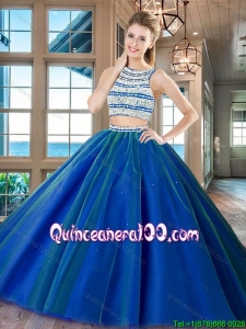 Modest Big Puffy Scoop Tulle Open Back Quinceanera Dress in Royal Blue