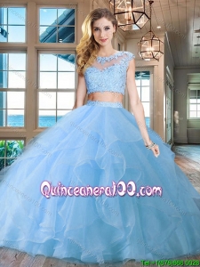 Popular Really Puffy Cap Sleeves Light Blue Quinceanera Dress with Ruffles