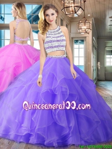 Top Seller Two Piece Brush Train Quinceanera Dress with Ruffles and Beading