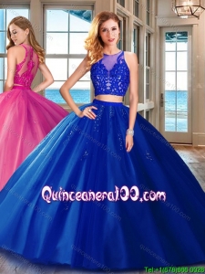 Cheap Two Piece Brush Train Applique Tulle Quinceanera Dress in Royal Blue