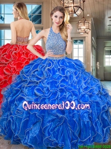 Designer Halter Top Ruffled and Beaded Organza Royal Blue Quinceanera Gown