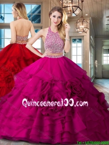 Exclusive Halter Top Brush Train Quinceanera Dress with Ruffles and Beading