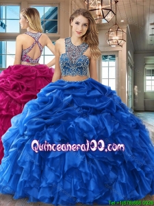 Latest Two Piece Ruffled and Bubble Organza Royal Blue Quinceanera Dress