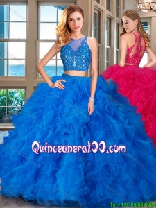 Popular Two Piece See Through Scoop Ruffled and Applique Quinceanera Dress