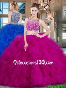 Pretty Two Piece Fuchsia Brush Train Quinceanera Dress with Ruffles and Beading