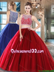 Romantic Two Piece Beaded Bodice Tulle Quinceanera Dress in Wine Red
