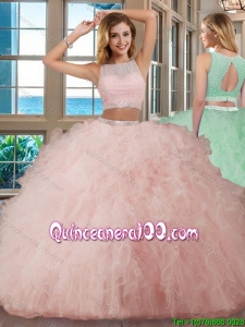 See Through Puffy Bateau Brush Train Open Back Pink Quinceanera Dresses with Sequins and Ruffles