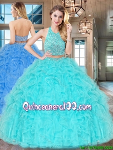 Two Piece Big Puffy Aqua Blue Quinceanera Dress with Ruffles and Beading