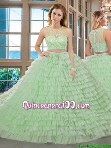Two Piece Yellow Green Ball Gown Scoop Beaded and Ruffled Layered Zipper Up Quinceanera Dresses with Brush Train