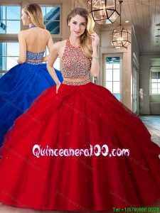 Unique Big Puffy Two Piece Backless Red Quinceanera Dress in Tulle