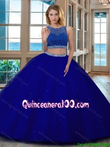 Wine Red Puffy Scoop Beaded Bodice Open Back Tulle Two Piece Quinceanera Dresses