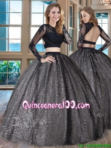 Beautiful Puffy Scoop Sequins Appliqued Long Sleeves Backless Two Piece Quinceanera Dresses