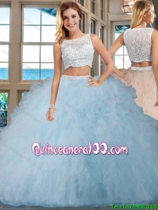 Champagne Puffy Bateau Brush Train Side Zipper Quinceanera Dresses with Beading and Ruffles