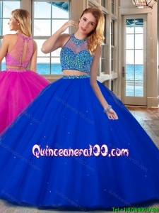 See Through High Neck Brush Train Beaded Bodice Open Back Quinceanera Dresses in Royal Blue