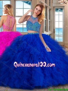 See Through Puffy High Neck Brush Train Two Piece Royal Blue Quinceanera Dresses
