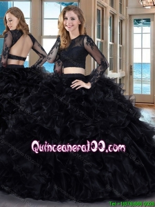 Sexy Two Piece Ball Gown Scoop Ruffled Backless Long Sleeves Quinceanera Dresses in Black