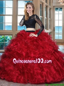 Two Piece Ball Gown Organza Ruffled Backless Red and Black Quinceanera Dresses with Long Sleeves
