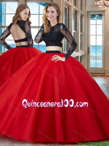 Two Piece Ball Gown Scoop Tulle Appliques Backless Long Sleeves Quinceanera Dresses in Red