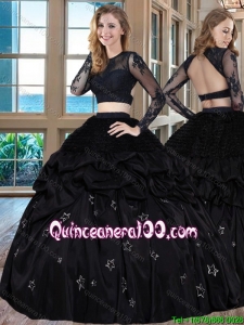 Two Piece Black Puffy Scoop Taffeta Long Sleeves Backless Quinceanera Dresses with Embroidery and Bubbles