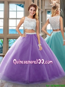 Two Piece Puffy Bateau Side Zipper Purple Quinceanera Dresses with Beading