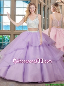 Two Piece Puffy V Neck Brush Train Fuchsia Quinceanera Dresses with Beading
