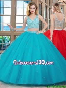 Two Piece Puffy V Neck Tulle Beaded Teal Quinceanera Dresses with Zippper Up