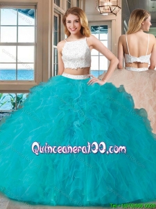 Two Piece Straps Tulle Beaded Two Piece Backless Quinceanera Dresses White and Blue