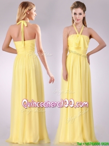 Lovely Halter Top Chiffon Ruched Long Dama Dress in Yellow