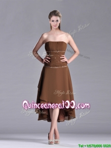 Exclusive Beaded Strapless High Low Brown Dama Dress in Chiffon