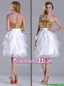 Classical Organza Sequined and Ruffled Dama Dress in White and Gold