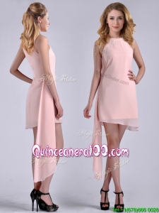 New Style Scoop Empire Chiffon Asymmetrical Dama Dress in Baby Pink