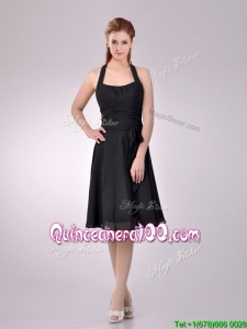 Best Selling Chiffon Halter Top Ruched Dama Dress in Black