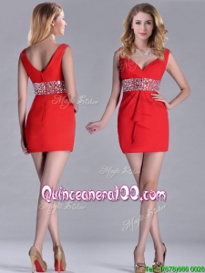 Hot Sale Beaded Decorated Waist V Neck Dama Dress in Red