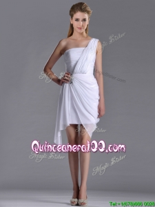 Cheap Column One Shoulder White Short Dama Dress with Zipper Up