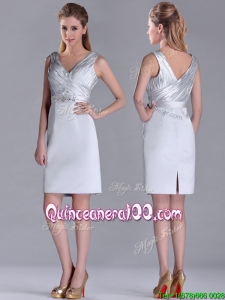 Modern V Neck Belted with Beading Dama Dress in Silver
