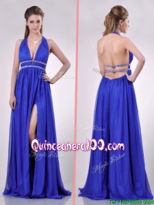 New Halter Top Blue Backless Dama Dress with Beading and High Slit