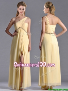 Exquisite One Shoulder Yellow Dama Dress with Beading and High Slit