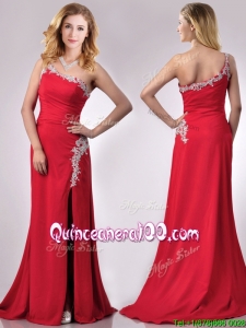 Luxurious Beaded Decorated One Shoulder and High Slit Dama Dress with Brush Train