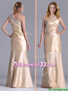 New Column Beaded Decorated One Shoulder Dama Dress in Champagne