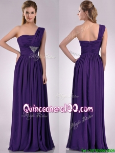 Discount Empire Beaded and Ruched Dark Purple Dama Dress with One Shoulder