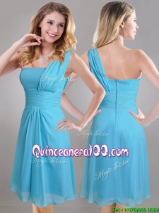 Elegant One Shoulder Ruched Chiffon Dama Dress in Aqua Blue