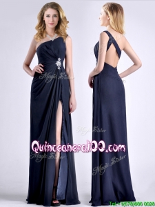 Exquisite One Shoulder Navy Blue Dama Dress with Beading and High Slit