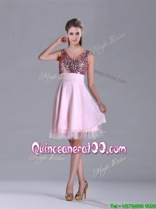 Latest V Neck Sequined Decorated Bodice Dama Dress in Baby Pink