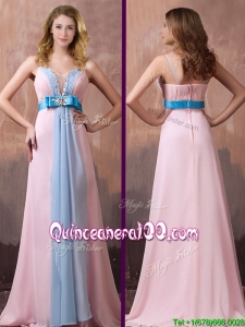 New Style Spaghetti Straps Beaded and Bowknot Prom Dress with Brush Train