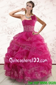 One Shoulder Appliques and Pick Ups Quinceanera Dresses in Fuchsia