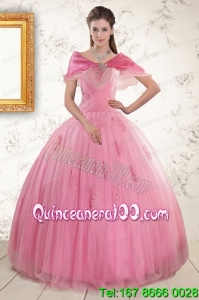 2015 Pretty Rose Pink Quinceaneras Dresses with Appliques and Beading